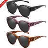 Three pairs of round UV400 sunglasses in black, leopard print, and orange-brown patterns.