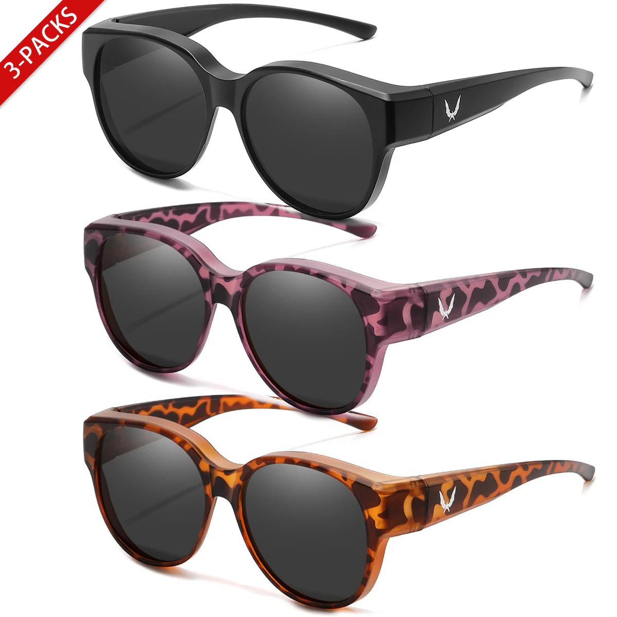 Three pairs of round UV400 sunglasses in black, leopard print, and orange-brown patterns.