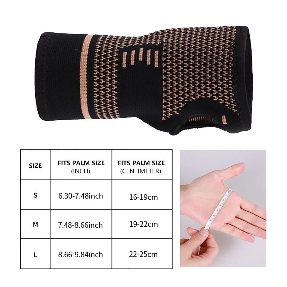 Black copper fiber wrist bracer with size chart showing measurements in inches and centimeters