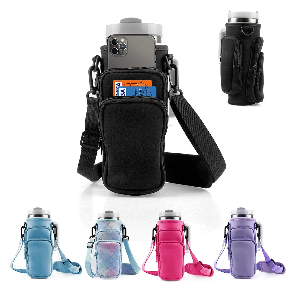 A variety of colorful water bottle carrier bags and silicone sleeves for tumblers shown in different colors and angles.