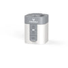 A silver portable electric air pump device with a round top and control buttons.