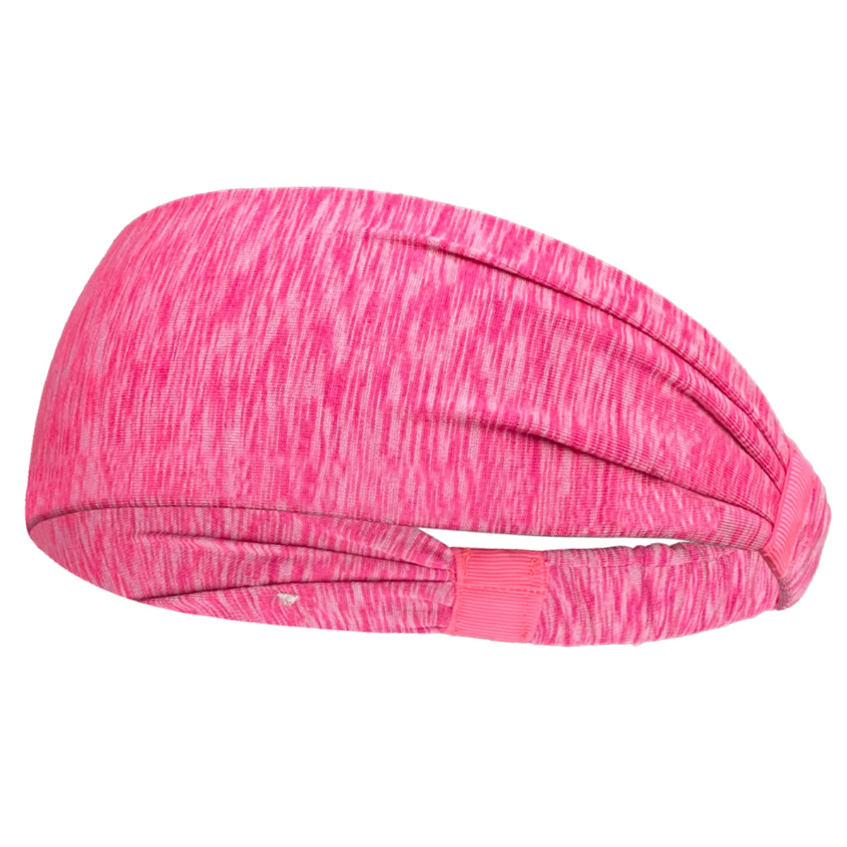 Un bandeau de sport élastique à rayures rose vif, vu de côté.