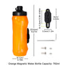 Orange magnetic water bottle with a black cap and release mechanism, shown next to mounting hardware.