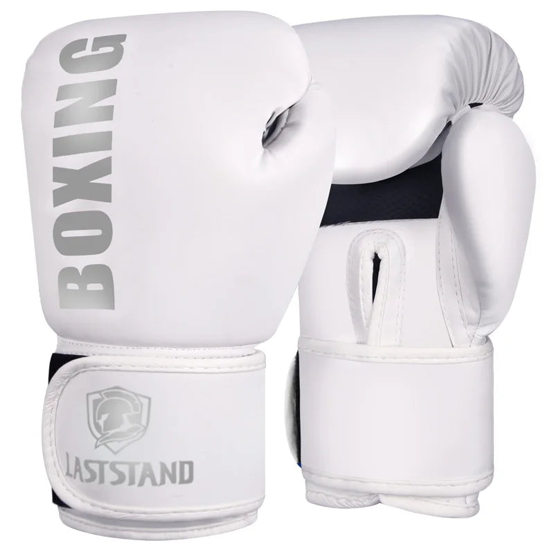 A pair of white PU leather boxing gloves with a Laststand logo on the wrist strap.
