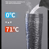 A clear electric shaker bottle with a black base is shown next to ice and water, demonstrating temperature resistance.