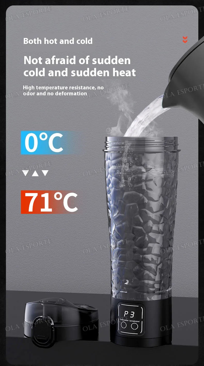 A clear electric shaker bottle with a black base is shown next to ice and water, demonstrating temperature resistance.