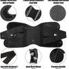 Black adjustable knee brace featuring sponge pads, metal spring stabilizers, and soft bandage with airflow vented tech.