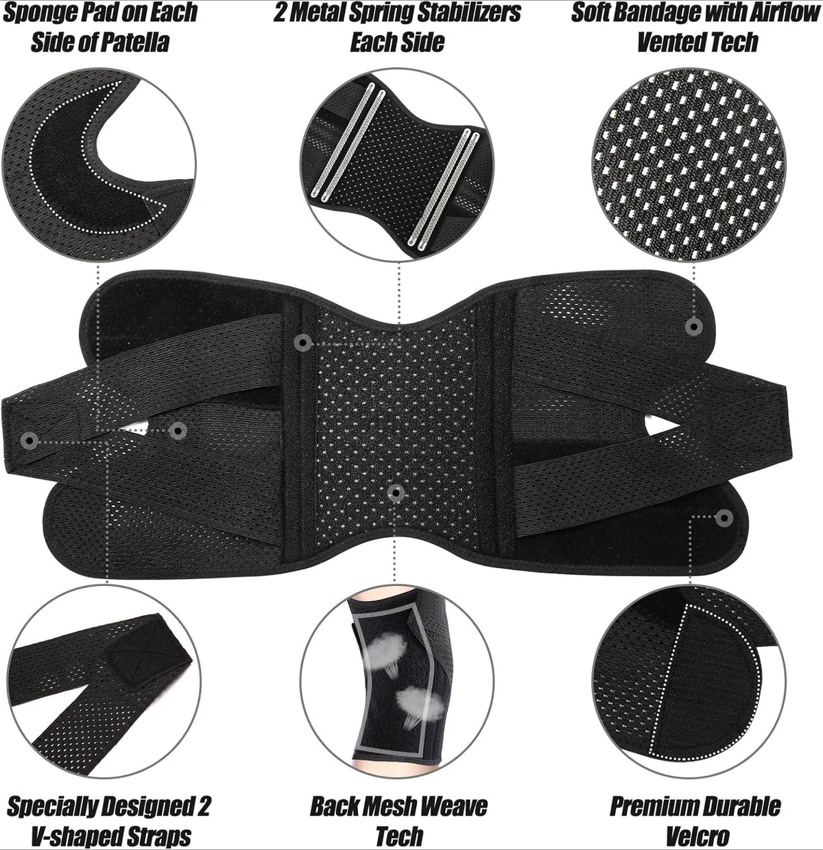 Black adjustable knee brace featuring sponge pads, metal spring stabilizers, and soft bandage with airflow vented tech.