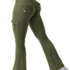 A person is shown wearing olive green high-waisted flared fitness pants.