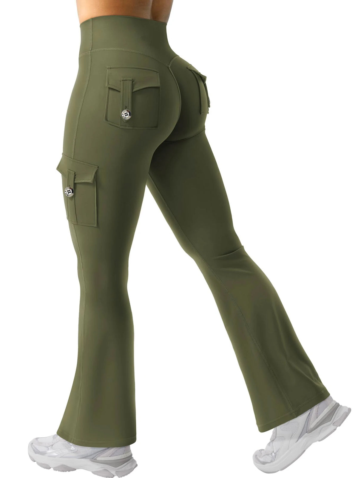 A person is shown wearing olive green high-waisted flared fitness pants.