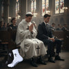 A man in a white monastic robe sits beside another man in a suit, both wearing black and white sports socks with crosses.
