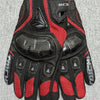 Black and red genuine leather motorcycle motocross gloves with a black and silver logo patch