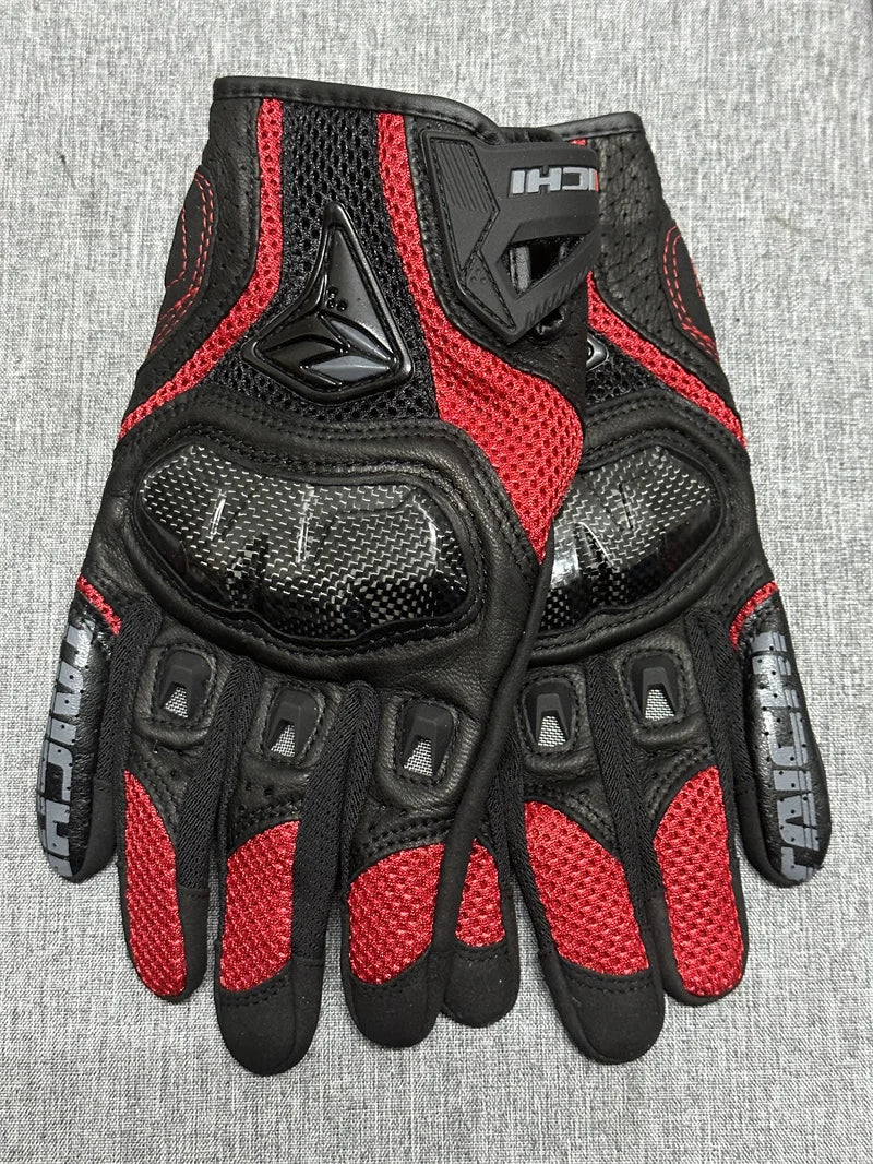 Black and red genuine leather motorcycle motocross gloves with a black and silver logo patch