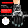 A hand wearing waterproof gloves is shown being washed under running water, demonstrating the product's waterproof feature.