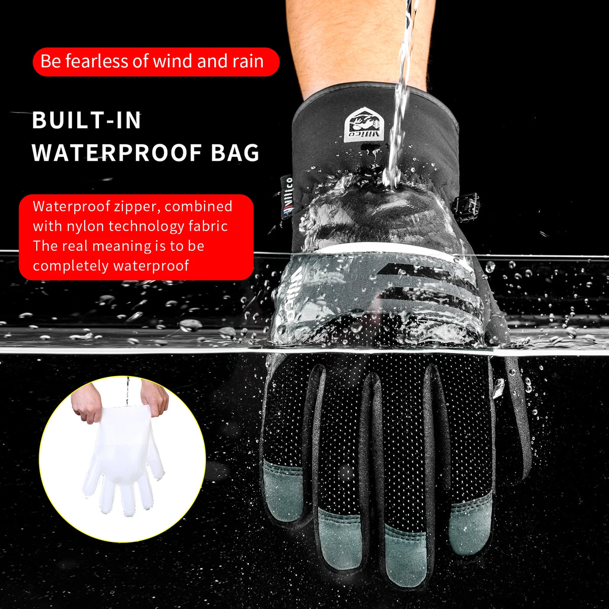 A hand wearing waterproof gloves is shown being washed under running water, demonstrating the product's waterproof feature.