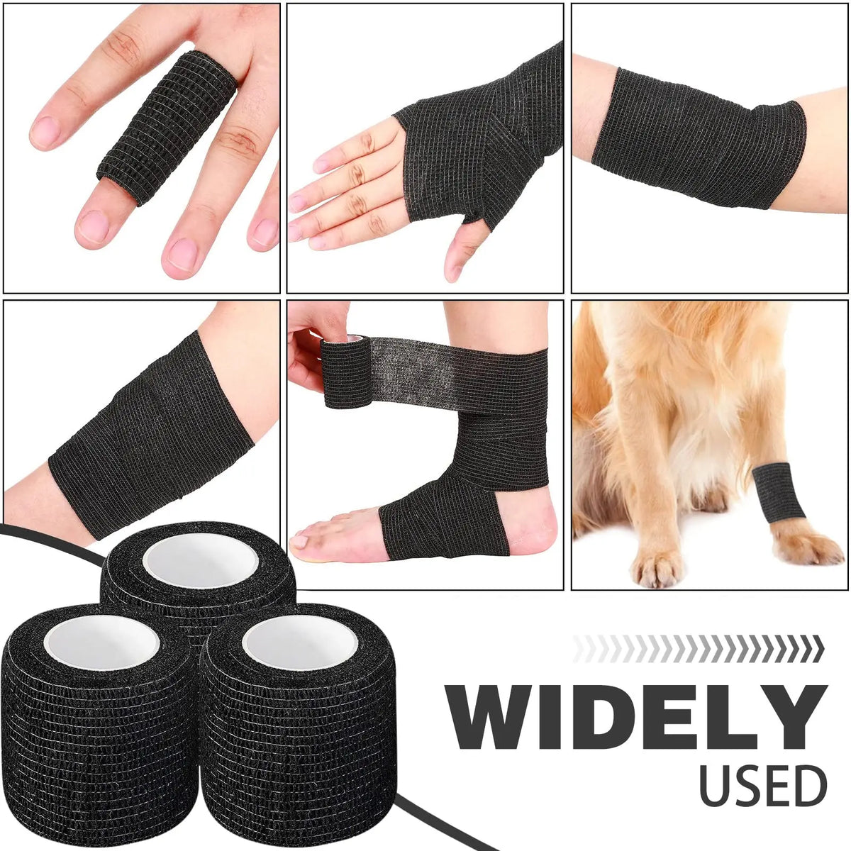 Rouleaux de bandages élastiques réutilisables autocollants noirs pour le poignet et le bras.