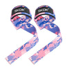 Pair of pink and blue patterned gym weightlifting straps with black branding