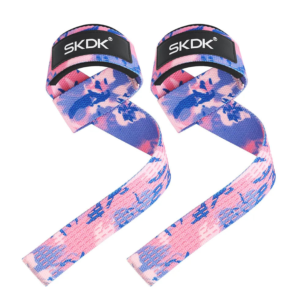 Pair of pink and blue patterned gym weightlifting straps with black branding