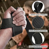 Close-up of a hand gripping black adjustable weightlifting wrist straps showing various features like heavy-duty straps and h