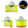 A high visibility reflective safety neck shield hat shown in various views, including a full view and a circular close-up.