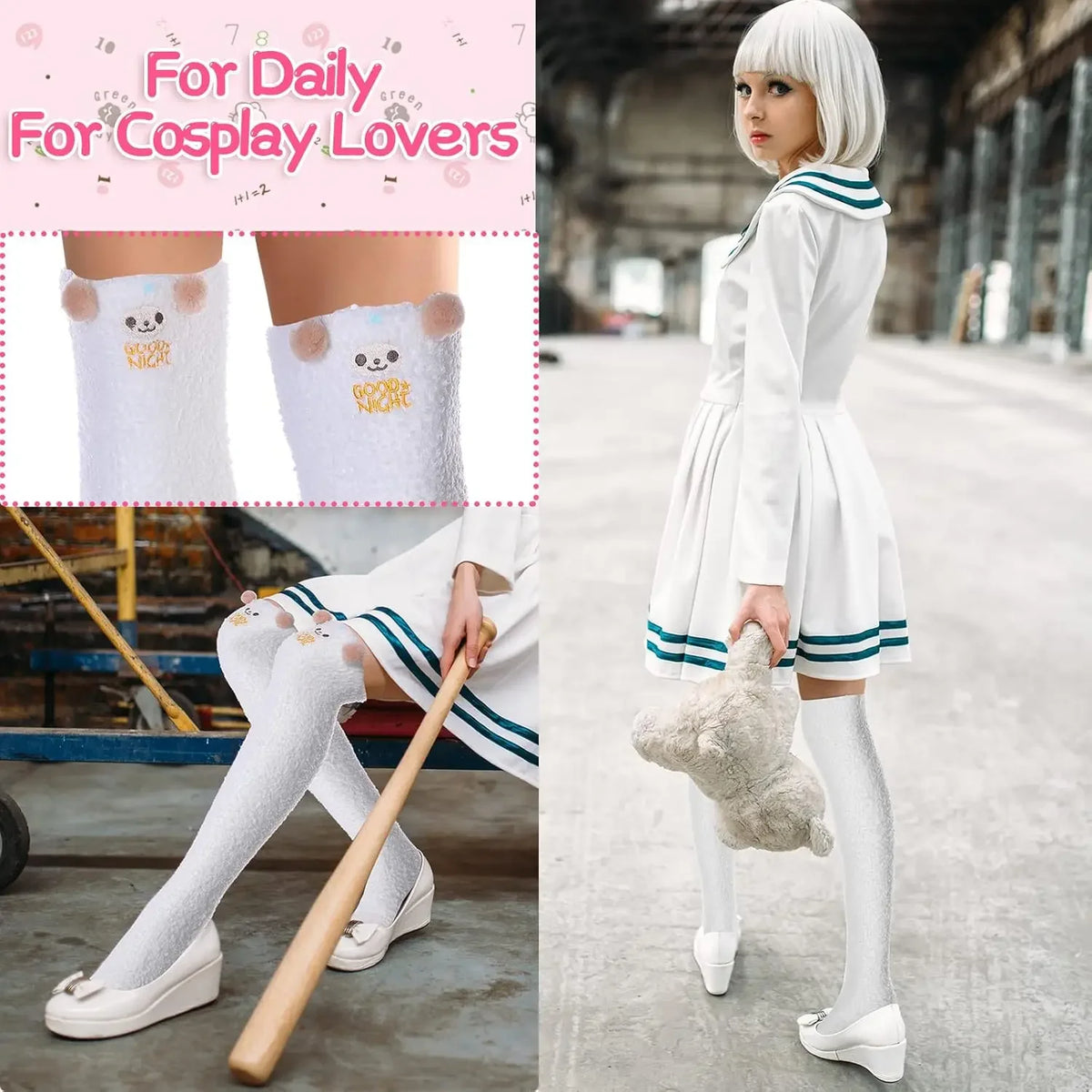 Eine Frau modelliert weiße, flauschige Über-das-Knie-Strümpfe mit einem weißen Kleid und einem Teddybären in einer Industrieu