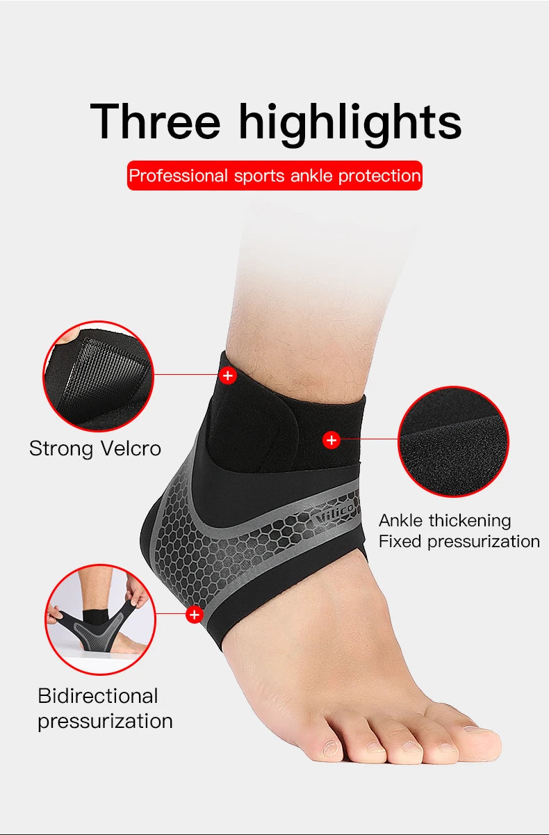 Black ankle brace demonstrating professional sports ankle protection features like strong velcro and bidirectional pressuriza