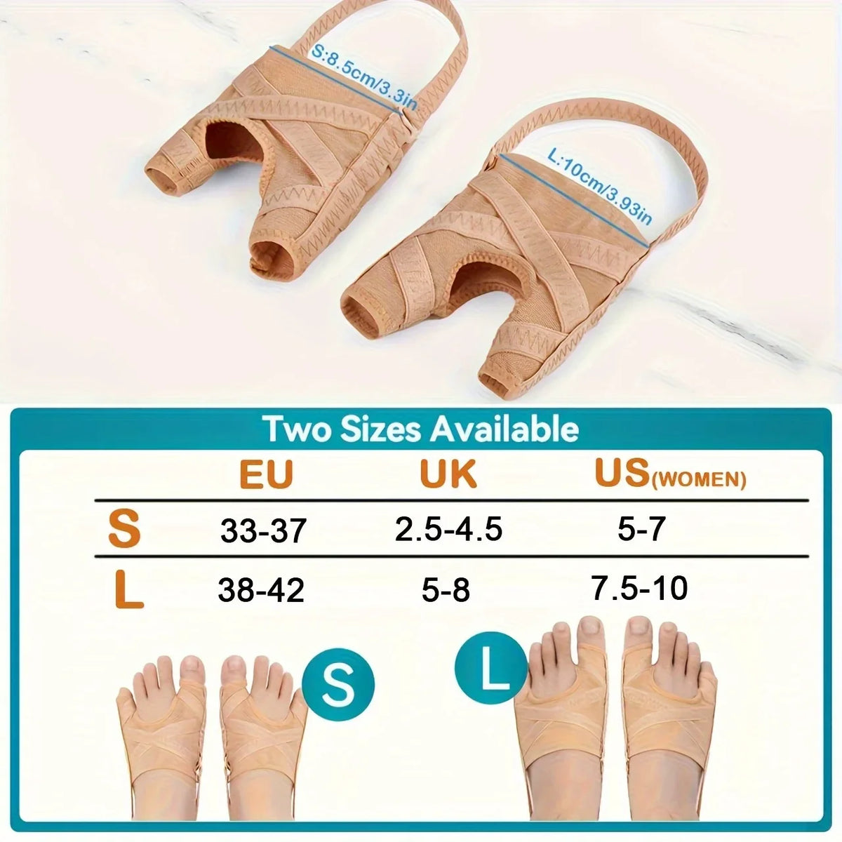 Two pairs of beige adjustable toe separators for comfort, shown with size charts and foot examples.