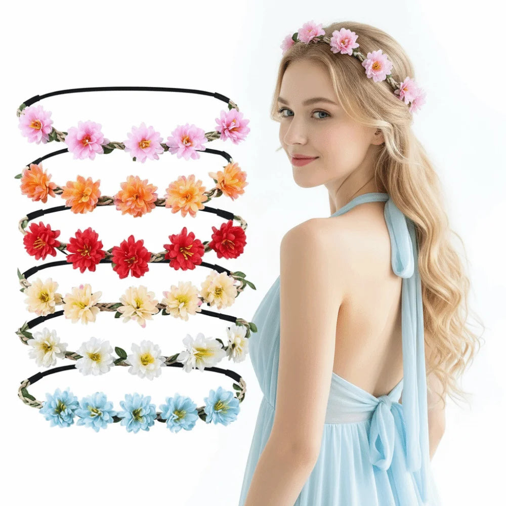 A woman wearing a floral rose wreath crown headpiece with pink and orange flowers.