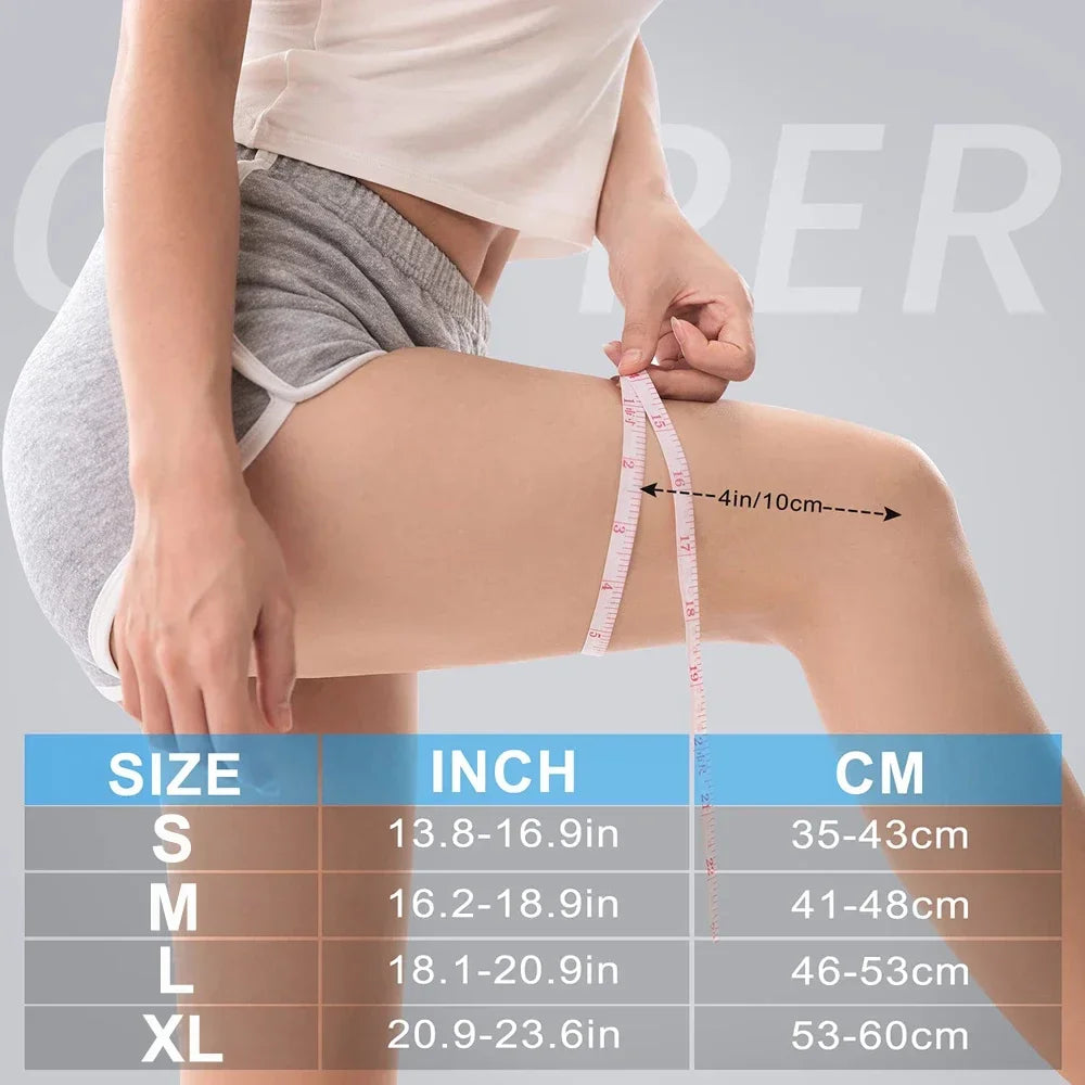 A person is demonstrating the fit of a copper ion knee support sleeve on their leg.