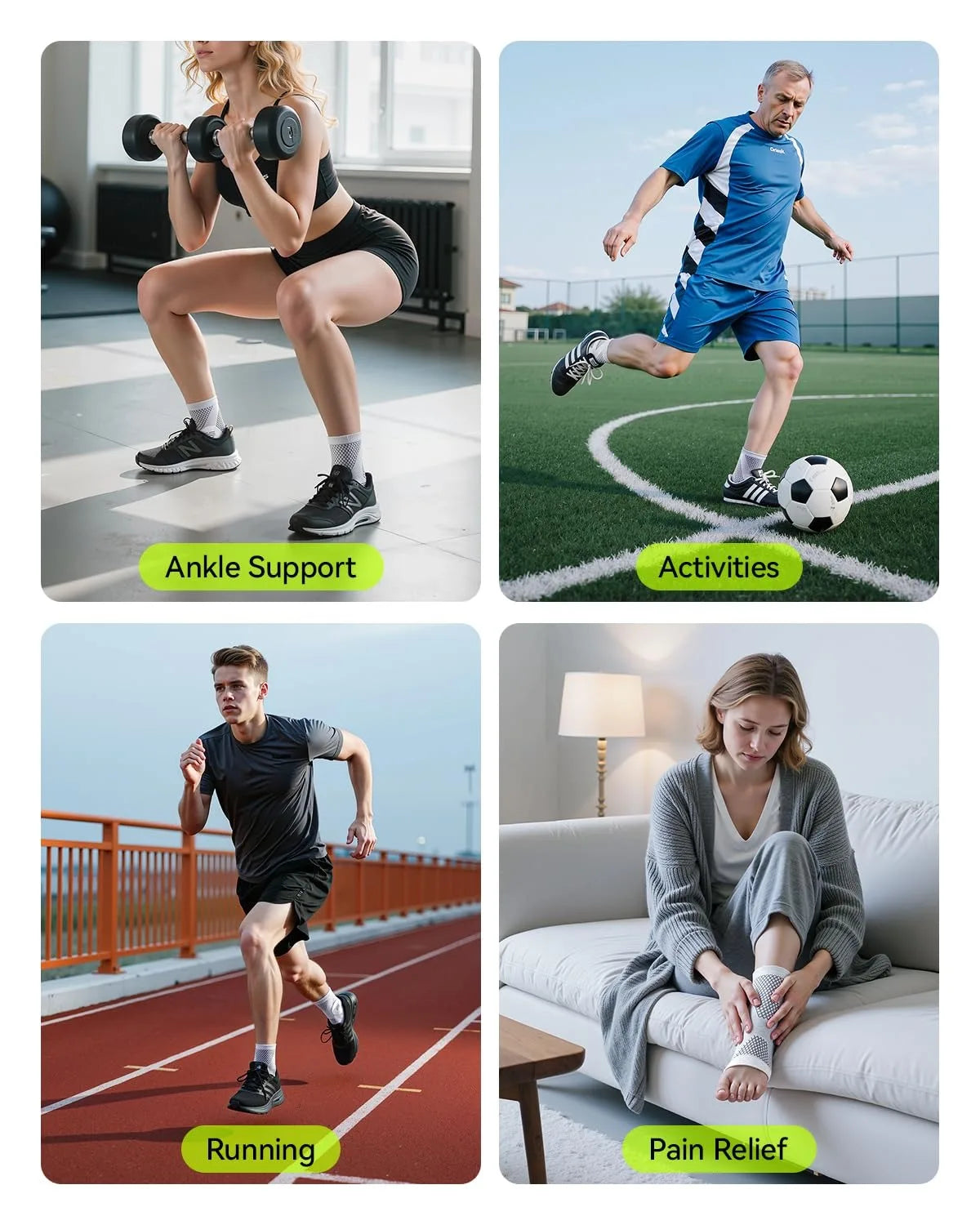 Image showing various activities like exercising, running, and pain relief with ergonomic plantar fasciitis relief socks.