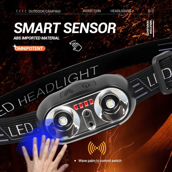 A close-up of a black LED headlamp with a sensor, showing the light and a hand interacting with the control switch.