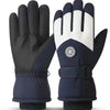 A pair of navy blue and black waterproof touchscreen ski gloves for winter sports
