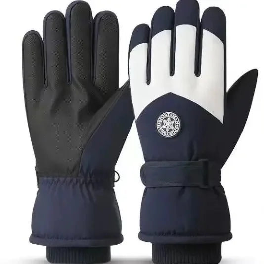 A pair of navy blue and black waterproof touchscreen ski gloves for winter sports