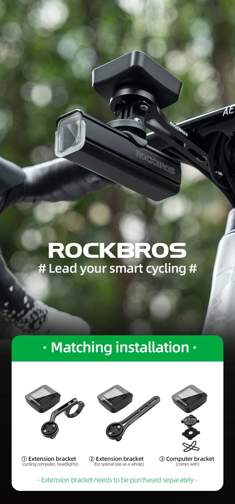 A black Rockbros GPS cycling computer and speedometer mounted on a bicycle handlebar.