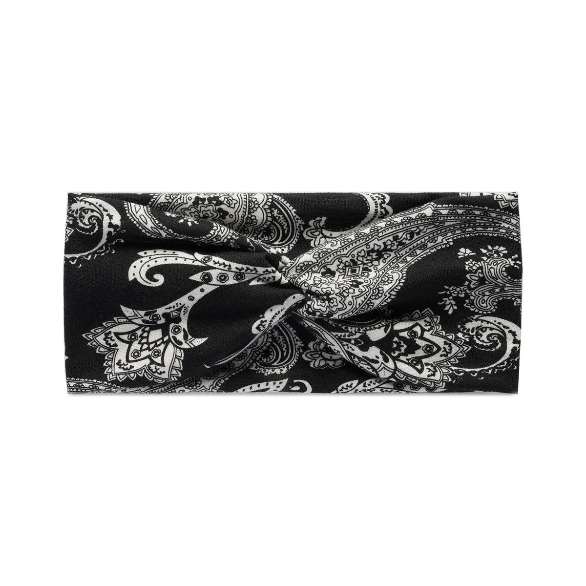 Black fabric with an intricate white bohemian vintage print tied into a bow.