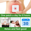 A hand holds a white patch on the abdomen, illustrating one patch for 8 hours to relax and feel good.