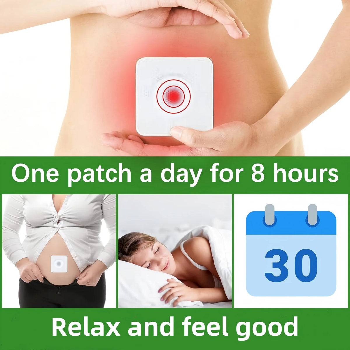 A hand holds a white patch on the abdomen, illustrating one patch for 8 hours to relax and feel good.