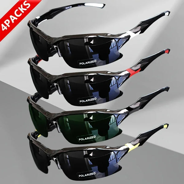 Four pairs of black polarized sport sunglasses displayed against a gray background.