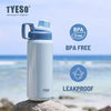 A light blue insulated stainless steel water bottle is shown outdoors on a rock near the sea.