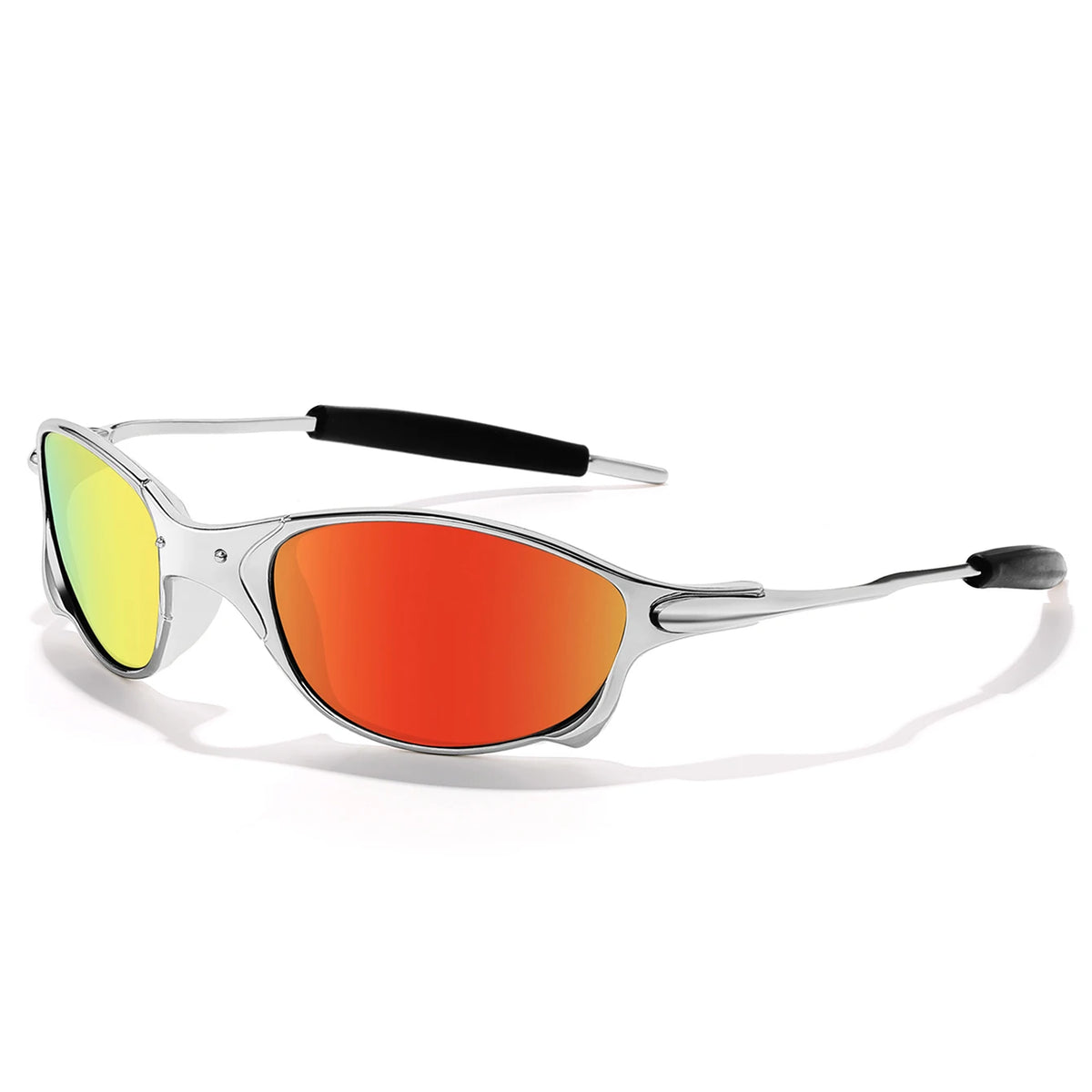 A pair of silver metal frame polarized sunglasses with orange-tinted lenses and a black temple.