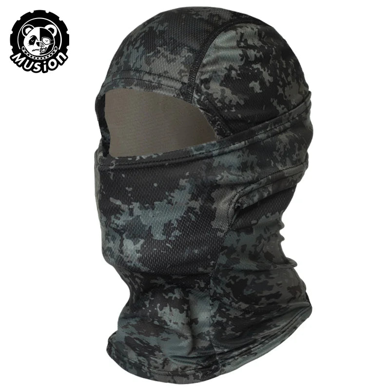 A black camouflage mesh balaclava face mask for sun and dust protection.