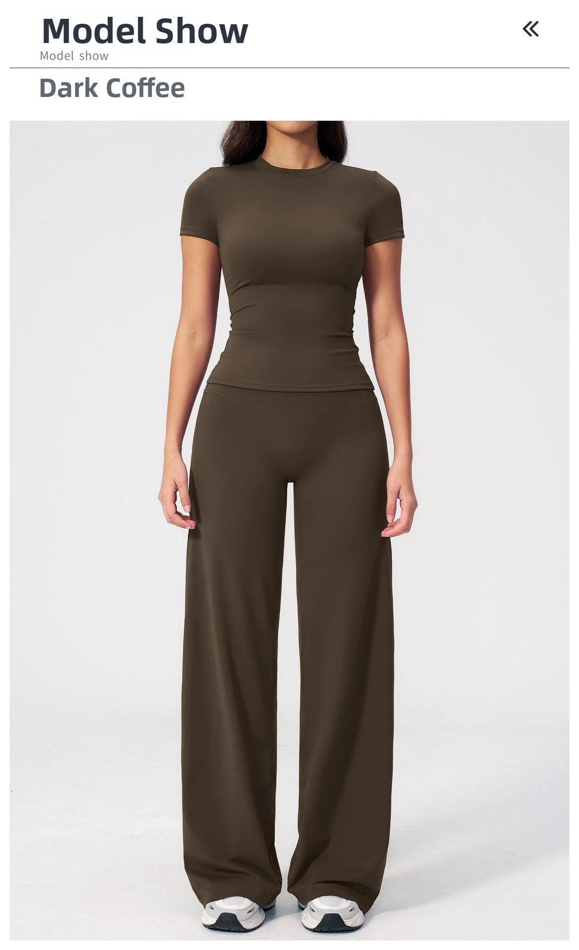 A model wearing a dark coffee brown high-waist yoga and gym leggings set.