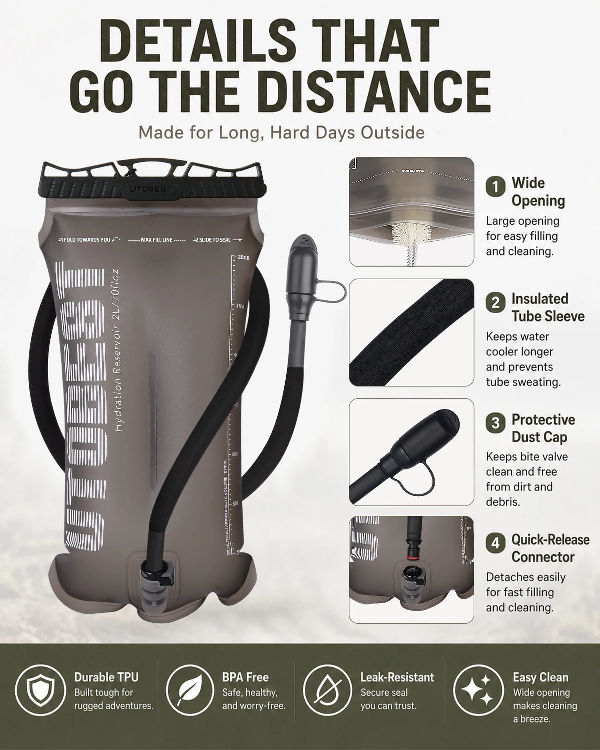 A gray durable TPU hydration reservoir with a tube sleeve and quick-release connector.