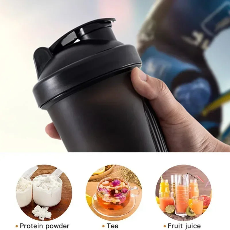 A hand holds a black portable protein shaker bottle next to images of protein powder, tea, and fruit juice.