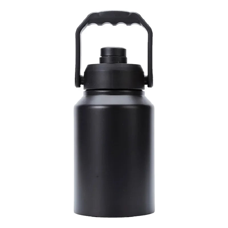 Black insulated stainless steel thermos flask with a handle