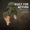 A hand wearing olive green tactical training gloves is shown against a dark background with text reading Built for Action.