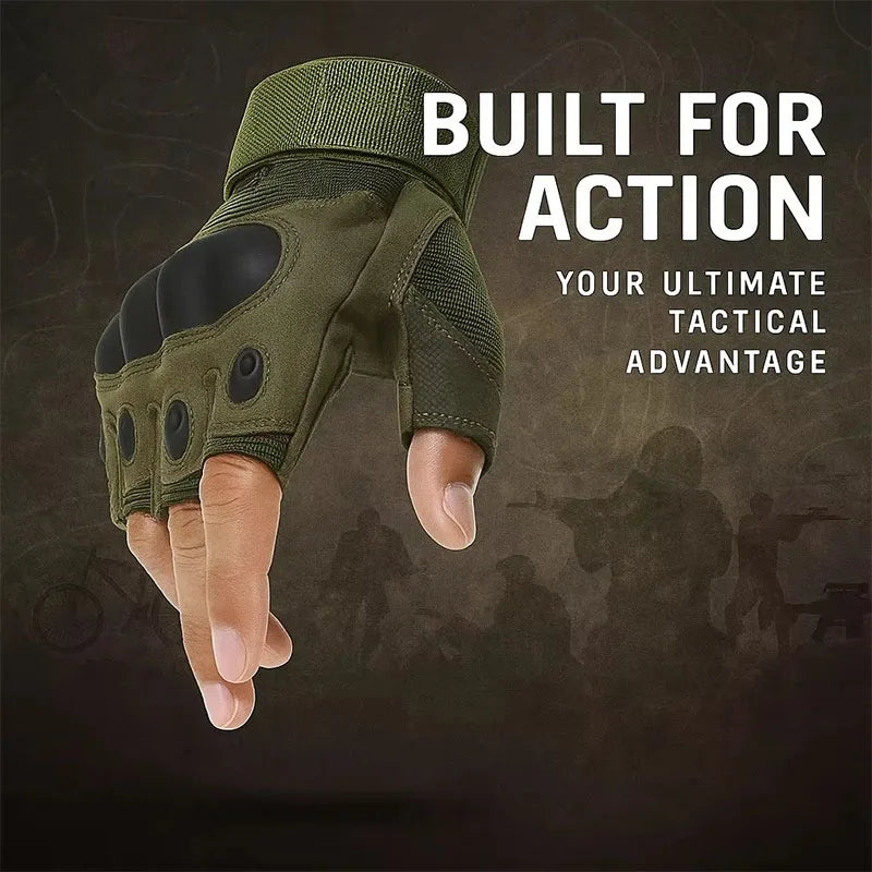 A hand wearing olive green tactical training gloves is shown against a dark background with text reading Built for Action.