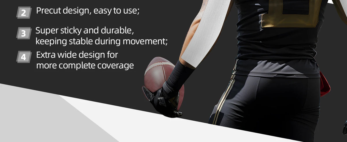 A person is applying or demonstrating extra wide kinesiology turf tape on their arm during movement.