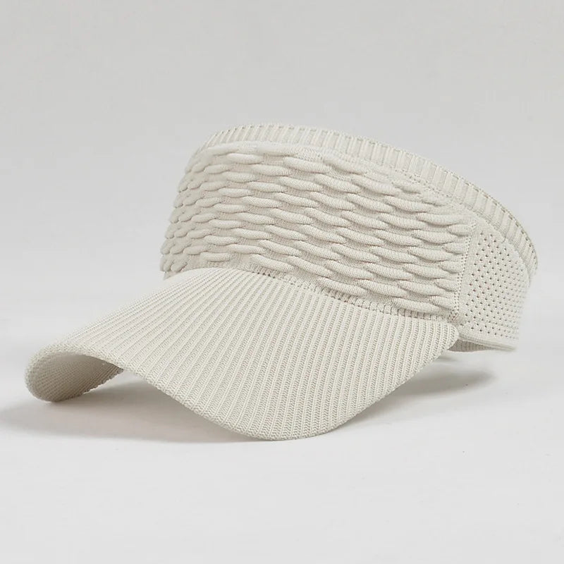 A beige knitted breathable anti-UV adjustable sun hat shown from the side.