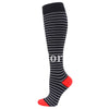 Black and white striped medical grade compression socks